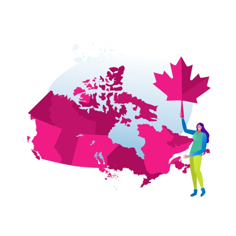 Vector illustration of Canada map with character and maple leaf
