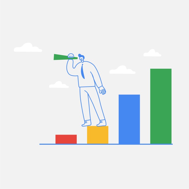 Website illustration of a businessman looking through a spyglass in Google-style