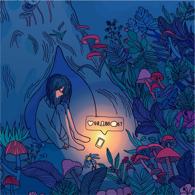 Hand-drawn linear anime illustration of a girl holding a smartphone, featuring clean outlines, expressive eyes, and a minimalist sketch style.