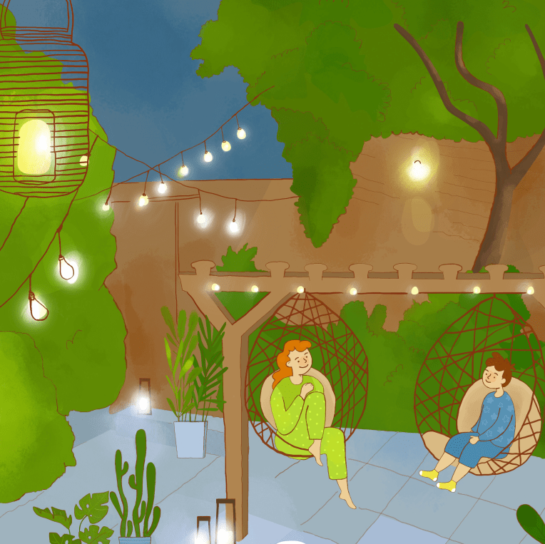 Hand-drawn digital illustration of kids playing in a garden