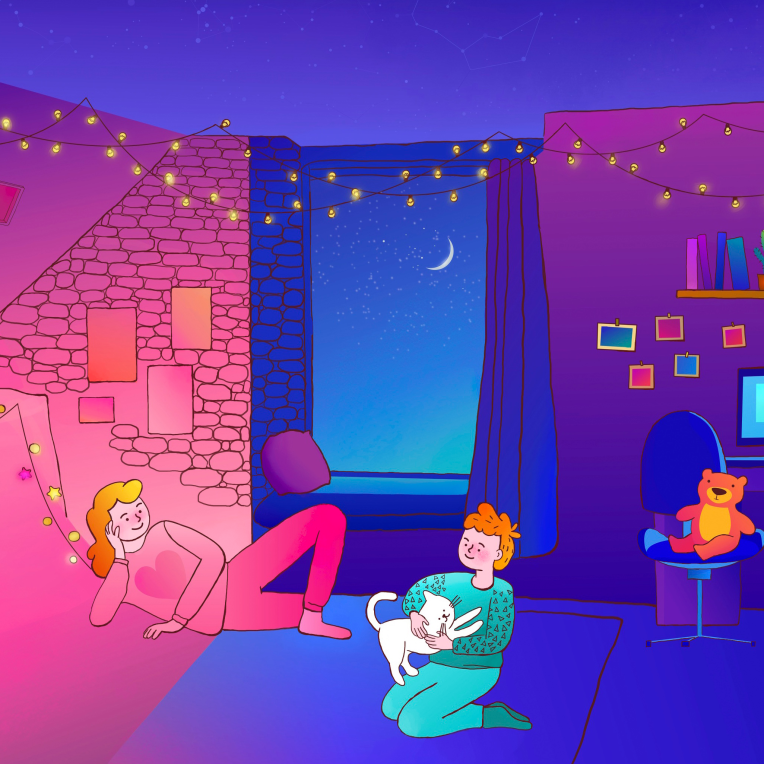 Hand-drawn neon purple illustration of a kid's room