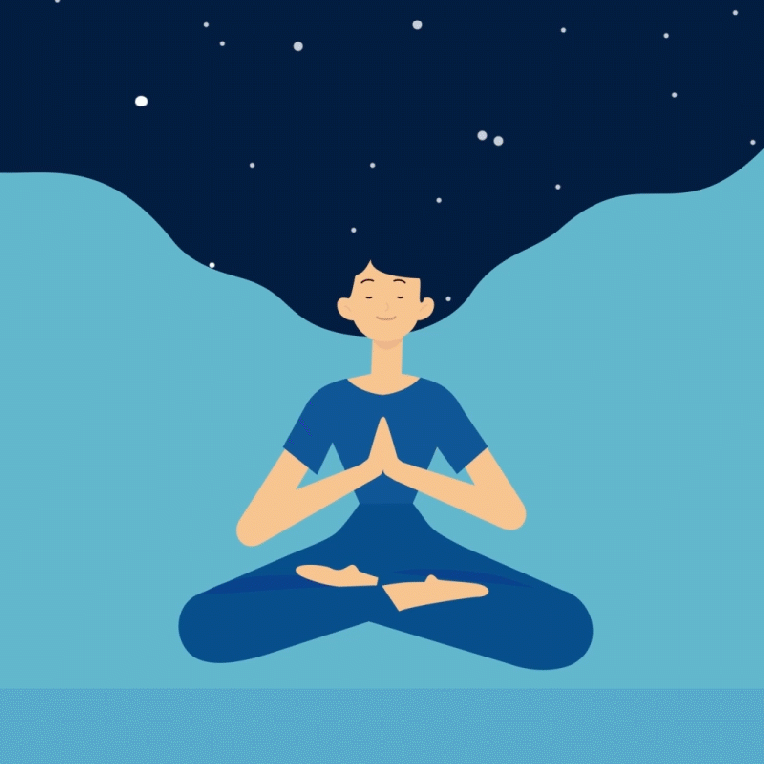 Flat 2D animated illustration of a person meditating in a calm, minimal style
