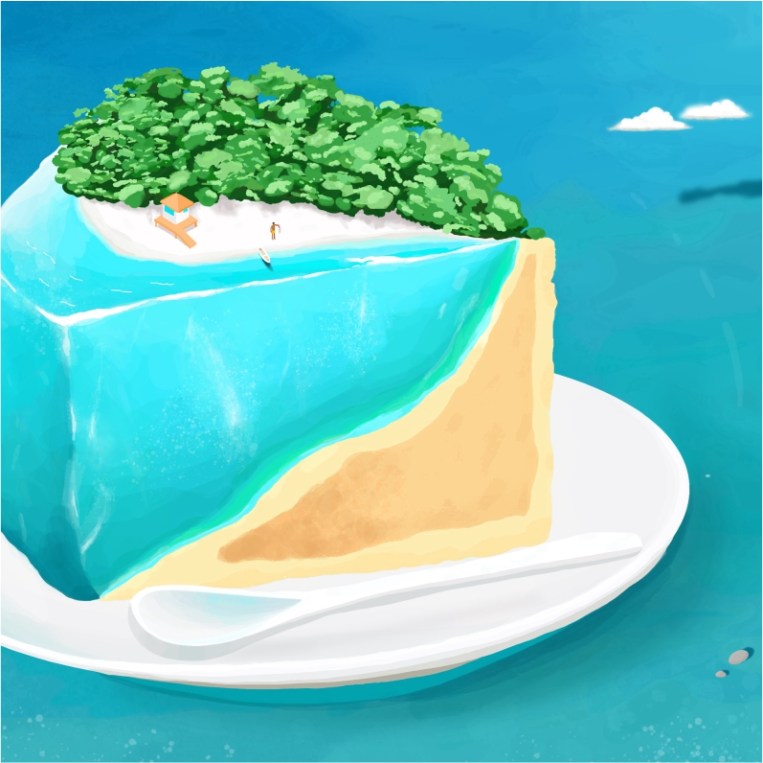 Digital illustration of a cake-shaped island created in Procreate