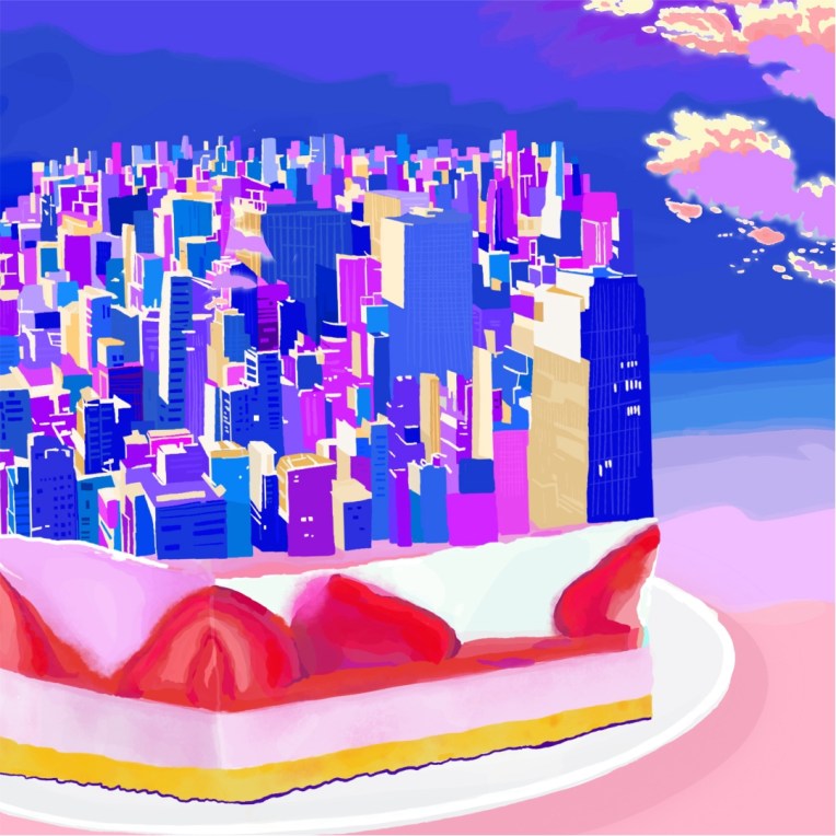 iPad illustration of skyscrapers built on a cake