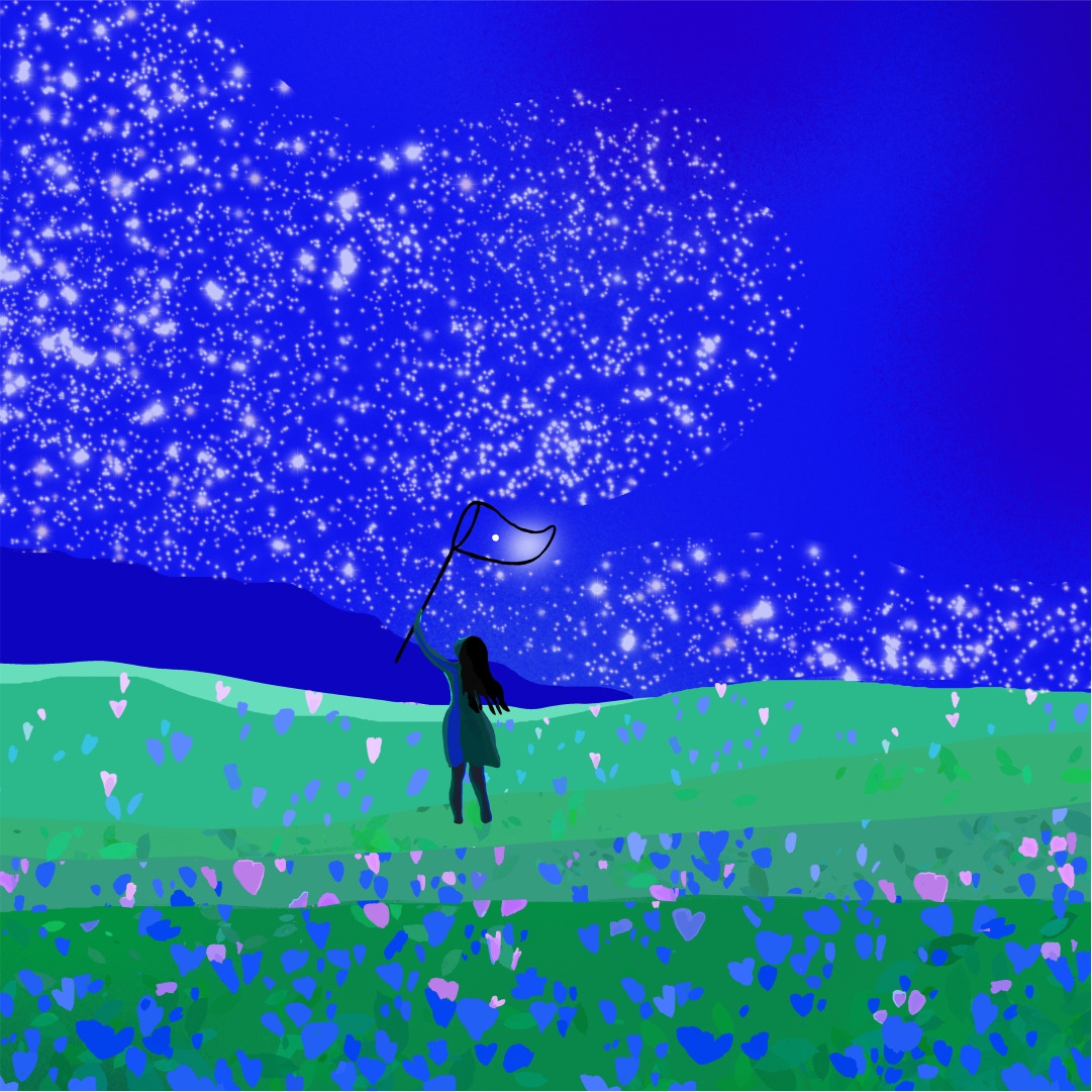 Custom illustration of a girl under a starry night sky with artistic details
