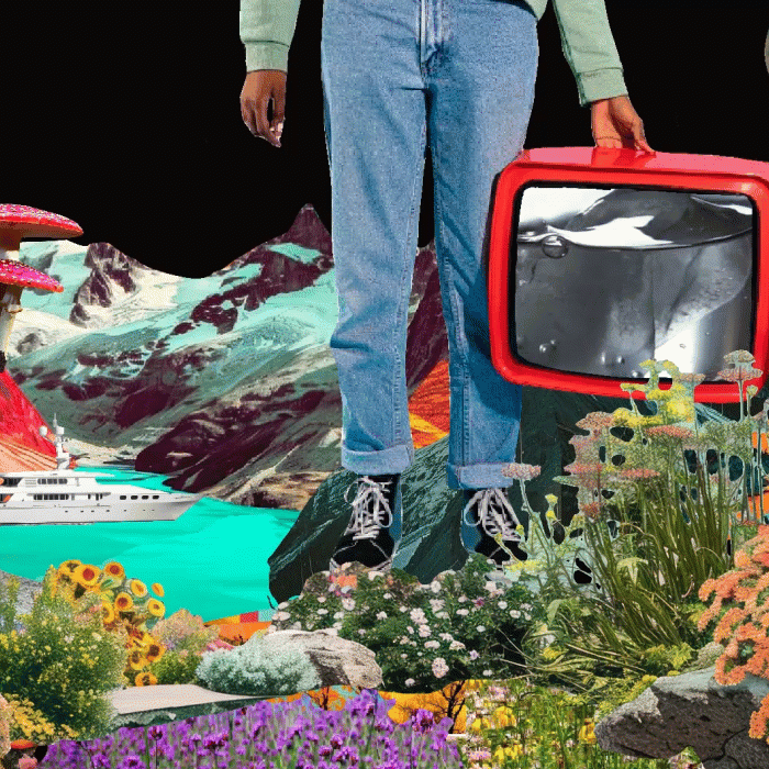 Collage motion graphics of mountains and a sailing ship