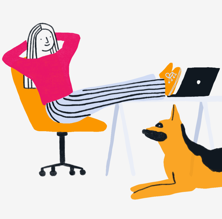 Custom doodle and vector illustration of a girl and dog in bright yellow and pink